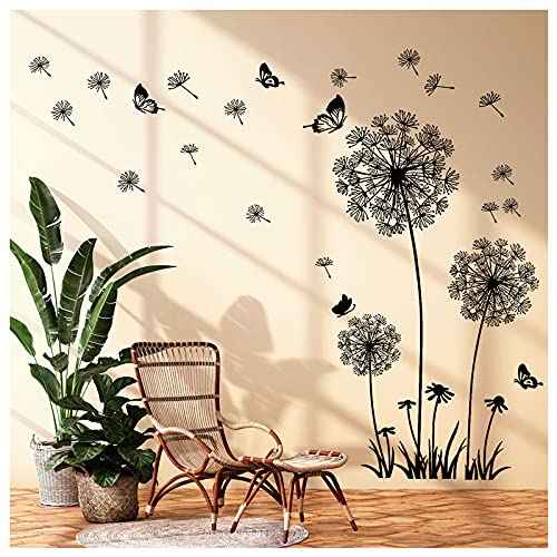 Black Dandelion Wall Stickers Flower Butterflies Flying Wall Decal, Removable Walls Art Stickers for Bedroom Living Room Sofa Backdrop TV Decoration