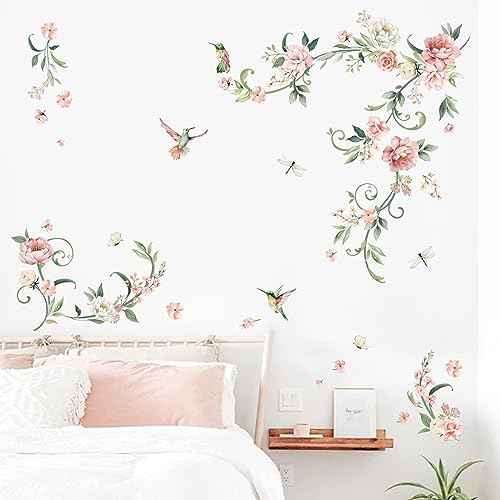 decalmile Peony Flower Wall Decals Pink Blossom Birds Wall Stickers Living Room Bedroom Girls Bedroom Wall Decor