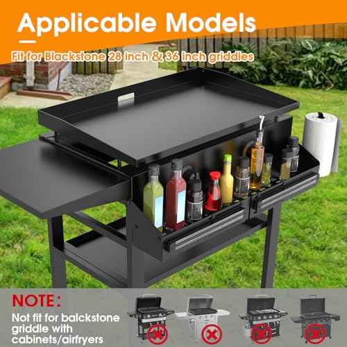 Universal Front Griddle Caddy for Blackstone 28" & 36" Griddles, Front Tool/Bottle Shelf with 2PCS Magnetic Tool Holder & Paper Towel Holder for Blackstone Griddle, Space Saving Storage Caddy