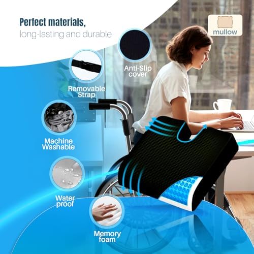 Mullow® Gel Wheelchair Seat Cushion | Anti-Slip Chair Pad for Adults & Seniors | Coccyx, Sciatica, Back & Ulcer Pain Relief | Waterproof Cover, Strap