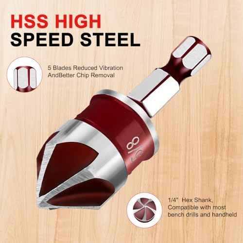 5Pcs Countersink Drill Bit Set, 82 Degree 5-Flute Industrial-Grade HSS, 1/4" Hex Shank, Sizes 1/4"-3/4" for Wood, Plastic, Fiberboard & Soft Metals, with Moisture-Resistant Aluminum Storage Case