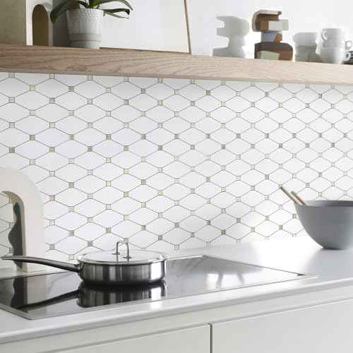 STICKGOO 10 Sheets Peel and Stick Backsplash, Pure White Marble Look PVC Mixed Metal Gold Kitchen Backsplash, Stick on Backsplash Wall Tiles for Kitchen, Bathroom, RV