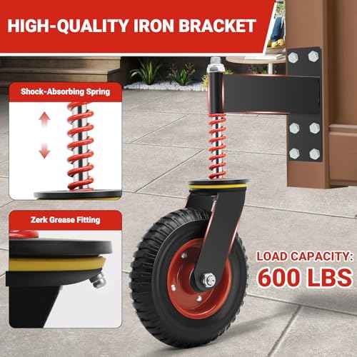 W B D WEIBIDA Heavy Duty Gate Wheel - 8 Inch Fence Gate Wheel 600 LBS Capacity with Shock Absorbing Spring, Swivel Gate Wheels for Metal Tube and Wooden Gate, Dual Mount Options (Straight/U-Bolt)