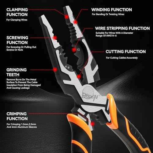 DISEN Electrical Pliers 9", Multifunctional Combination Needle-Nose Pliers with Stripping, Cutting, Screwing, Crimping and Winding Function