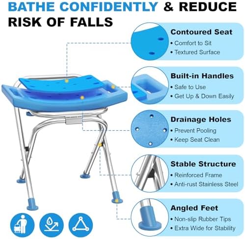 Upgraded Folding Shower Chair, Stainless Steel Foldable Shower Seat for Inside Bathtub, Lightweight & Portable Travel Shower Stool, Anti-Slip Feet Bath Chair for Elderly, Disabled, Injured
