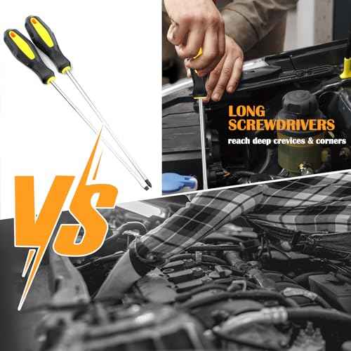 Long Magnetic Screwdriver Set, 2pcs 10in Extra Long Phillips Slotted Screwdriver, Heavy Duty, Rubber Handle, Magnetizer/Demagnetizer, Chrome Vanadium Steel