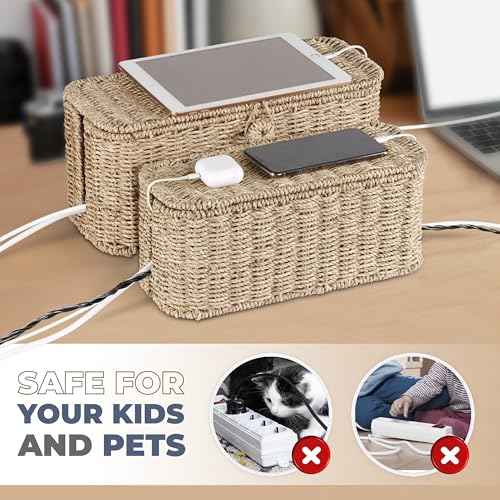 2-Pack Large Cable Management Box, Natural Rattan Cable Cord Organizer Boxes for Power Strip ? 2 Open Slots Cords Hider Box for TV Wires, Computer, Router, USB Hub and Under Desk Power Strip