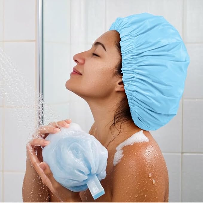 Reusable Shower Cap for Women, Large Waterproof Shower Bonnet with Elastic Band, Washable Bath Hair Cap for Long, Curly Hair, Braids, Daily Shower, Home Spa, Travel(Light Blue)