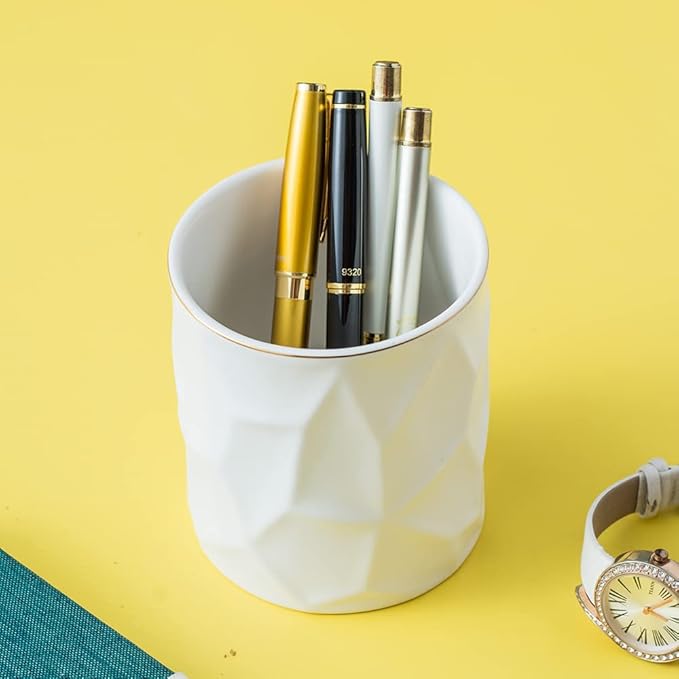 Ceramic Irregular Round Pen Holder For Desk Cute Stand Gold Line Pencil Cup Pot Desk Organizer for Girls Makeup Brush Holder (White)