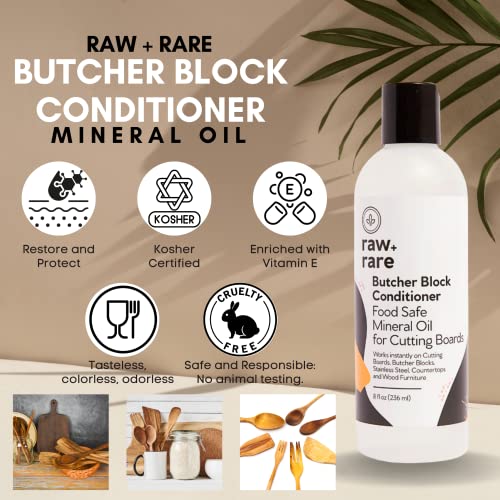 Raw Plus Rare Food Grade Mineral Oil for Wood Cutting Board, Butcher Block, and Countertop Oil - Perfect for Cutting Boards and Walnut Oil Substitute (8 oz)