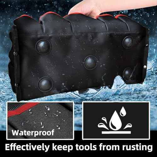 16 inch tool bag, foldable open top tool bag, 1680D waterproof and wear-resistant, 26 pockets to hold various tools, wide mouth electrician tool tote bag, steel handle and adjustable shoulder strap