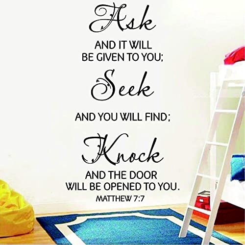 Ask Seek Knock Scripture Wall Art ? Matthew 7:7 Bible Verse Removable PVC Vinyl Sticker ? Inspirational Art for Living Room, Study, Church ? 27"x16" (black-JWH217)
