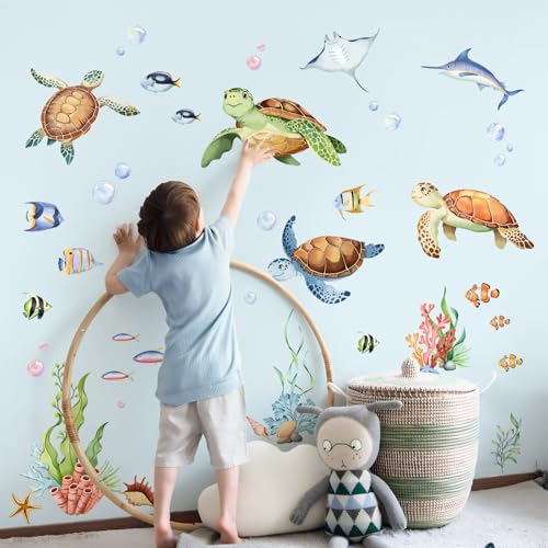 Under The Sea Wall Decals, Sea Turtles Jellyfish Wall Stickers Rays Coral Seaweed Peel and Stick Wall Decal Self Adhesive Wall Art Sticker for Baby Nursery Kids Room Home Decor