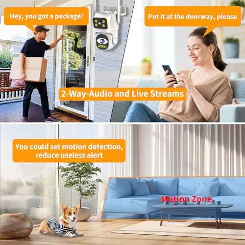 Dual Lens Security Camera Outdoor,WiFi Camera for Home Security,Home Survaillance Outdoor,PTZ,2-Way Audio, Auto Tracking,Night Vision,24/7 Continous Record,IP65 Weather Proof