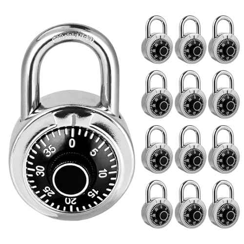 Combination Padlock 12 Pack, Fixed Dial Combination Padlock with Different Combinations, 2 in. Wide. Black Turntable, Lock for Gym & Locker, School, Toolbox, and More