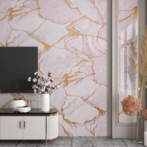 LACHEERY Pink and Gold Marble Contact Paper for Countertops Waterproof Glossy Pink Marble Wallpaper Peel and Stick Countertops Kitchen Vinyl Wrap for Countertop Cabinets Counter Top Covers 15.8"x79"