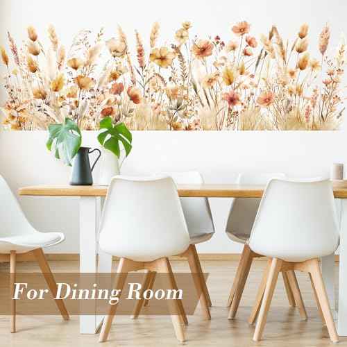 Janlaugh 4 Pcs Boho Flower Wall Decals Wildflower Wall Stickers Large Flower Grass Fall Stickers for Nursery Bedroom Living Room Peel and Stick Wildflower Decals for Wedding Shower Decoration