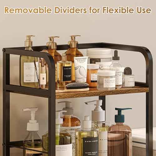 Towel Rack Free Standing Rolling 3-Tier with Removable Dividers & 2 Brake Wheels, Mobile Bathroom Storage Organizer with 3 Wood Shelves for Towels, Toiletries, Poolside Towel Holder