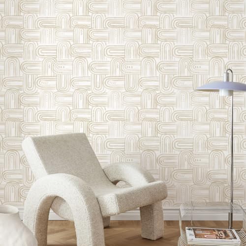 Boho Peel and Stick Wallpaper Light Beige and White Contact Paper Geometric Wall Paper 17.3" x 120" Self Adhesive Vinyl Removable Wallpaper for Cabinets Bedroom