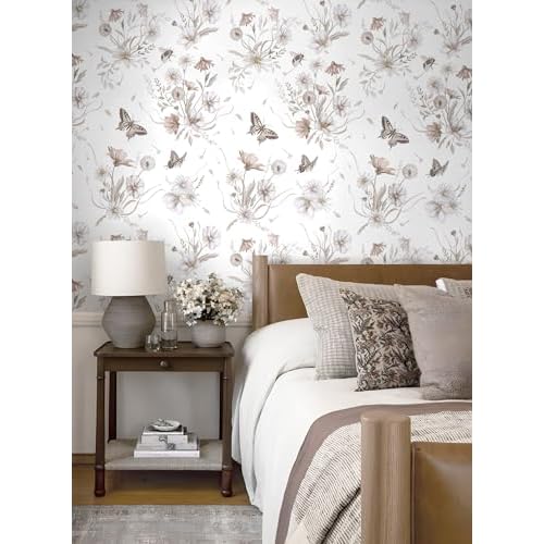 Vinjiasin Wallpaper Peel and Stick Floral Butterfly Contact Paper Vintage Flower Leaf Wall Paper for Bathroom Bedroom Self Adhesive Removable17.3 x 78.7"