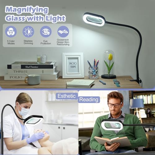 Drdefi 10X Rectangular Magnifying Glass with Light and Stand, 24" Flexible Gooseneck Floor Lamp, 5 Color Modes Stepless Dimmable, 3-in-1 LED Lighted Magnifier Light Hands Free for Reading Craft Sewing