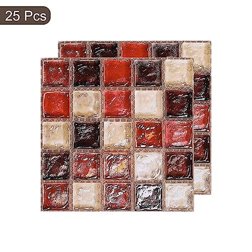 uxcell Peel and Stick Wall Sticker, 25Pcs 3.94"x3.94" Waterproof Small Size Mosaic Self-Adhesive Stickers Decorative for Kitchen Bathroom, Red+Black