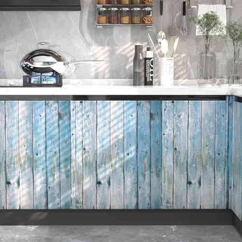 Blue Distressed Wood Wallpaper Vintage 17.3"x78.8" Blue Wood Wallpapers Rustic Wood Grain Contact Paper Peel and Stick Wallpaper Wood Plank Film Self Adhesive Removable Wall Paper Shiplap for Cabinets
