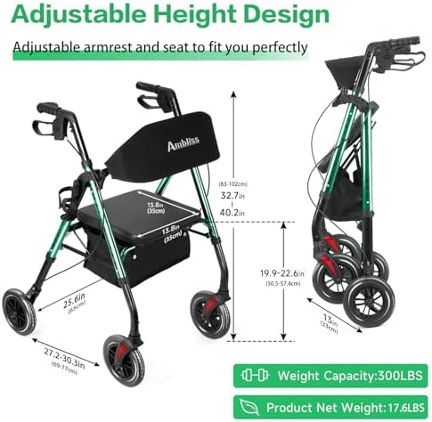 Amblisss Walkers for Seniors with Seat, Foldable Rollator Walkers, 300 lbs Weight Capacity, 8" Wheels Dual Height Ajustable, Rolling Walker with Seat for All-Terrain, Green