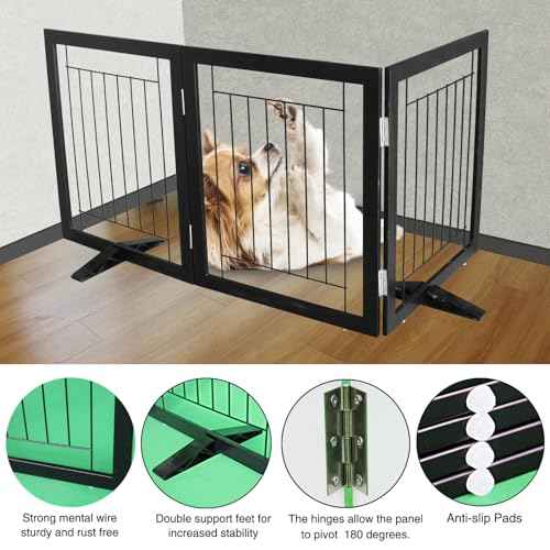 ZJSF Freestanding Dog Gate Indoor, Foldable Dog Fence for Doorways,Hallways or Stairs, Sturdy Wood Extra Wide Pet Gate with Support Feet,Black,24 "Height-3 Panels