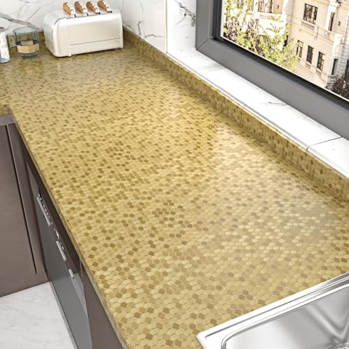 WESTICK Textured Gold Contact Paper Peel and Stick Countertops Waterproof Gold Vinyl Wallpaper Metallic Refrigerator Wrap Removable Copper Wall Paper for Appliance Cabinets Fridege 15.8" x 80"