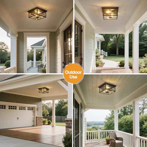Upgraded Outdoor Ceiling Lights with Motion Sensor and Remote, Flush Mount Ceiling Light Fixture with 4 Lighting Modes, Squares Black with Clear Glass for Porch Patio Entryway Garage Farmhouse