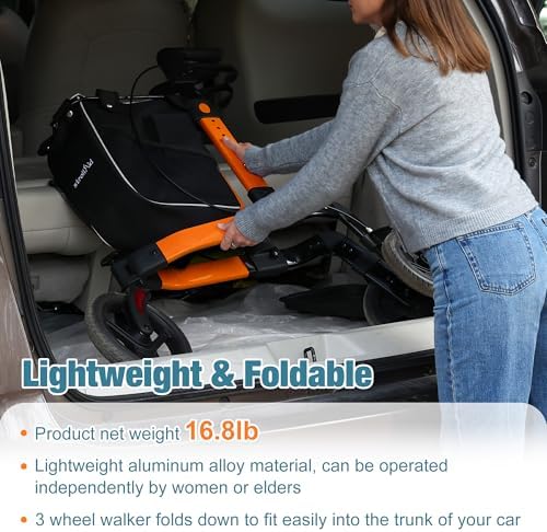3 Wheel Rollator Walker, Walkers for Seniors, Rollator Walker Lightweight Foldable, with Tray and Large Storage Bag, 10 Inch Front Wheel for All Terrain, Orange