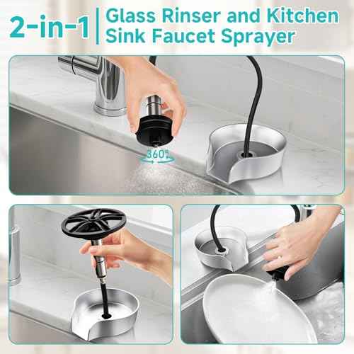 Glass Rinser for Kitchen Sink, High Pressure 360 Degree Rotating Spout Glass Rinser with Pull-out Spray Gun Design, Glass Cup Cleaner Sink Attachment Washer Baby Bottle, Glass Cup, Wine Glass (Silver)