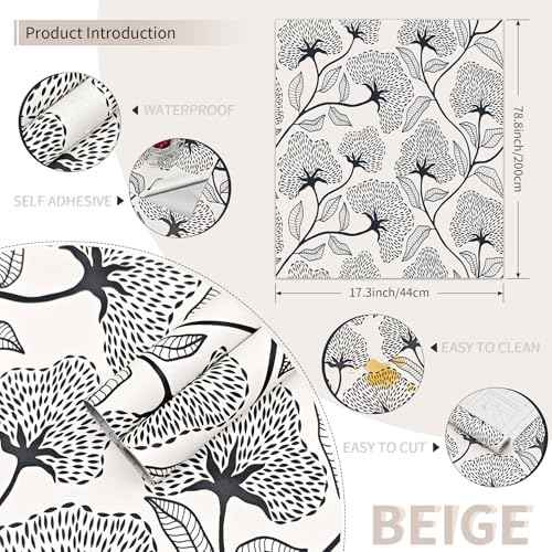 Peel and Stick Wallpaper Boho Contact Paper 17.3¡±x78.8¡± Black and Beige Modern Wallpaper Self Adhesive Removable Floral Wall Paper for Bathroom Art Decoration Wallpapers Bedroom Kitchen Vinyl