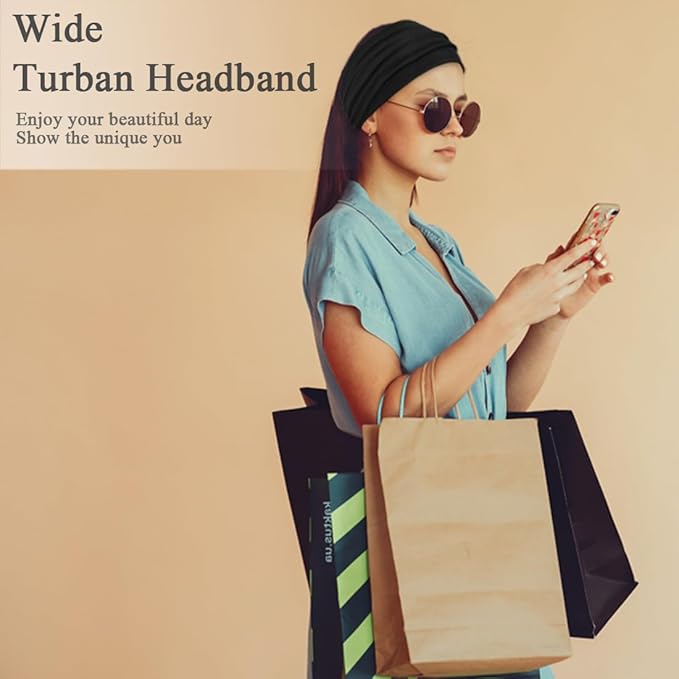 Sefiinh Wide Headbands For Women Stretch Headband Boho Head Bands Women's Hair Band Turban Workout Hairband Accessories Black 6 Pack