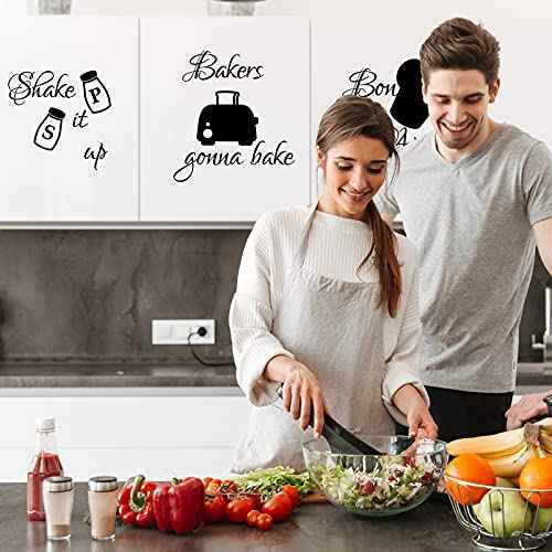 Seajan 4 Pcs Kitchen Wall Stickers Kitchen Quotes Wall Decals with Funny Lettering Vinyl Fun Utensils Sticker Peel and Stick Arts for Fridge Restaurant Bar Home Decoration