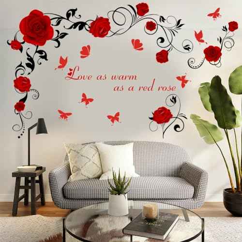 PLIGREAT Rose Flower Vine Butterfly Love Quotes Wall Stickers, Valentine Wall Decal Removable Vinyl Peel and Stick Walls Decals for Bedroom Dining Living Room Home Decorations DIY Walls Art Decor