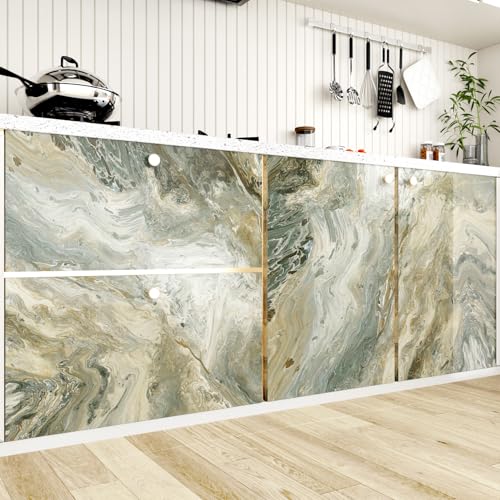 WESTICK Green Gold Marble Countertop Contact Paper Waterproof Peel and Stick Gold Marble Vinyl Wrap Removable Granite Wallpaper for Countertops Kitchen Island Tables Cabinets Camper 15.8" x 80"