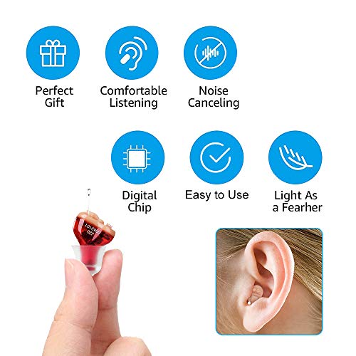 J20 Hearing Aids for Seniors Adults Noise-Cancelling - Elderly Assistance Listening, Hearing Amplifier, Mini Sound Amplifier, Ear Sound Enhancer, Noise Reduction, Enhanced Speech, Feedback Cancellation (Red, Right)