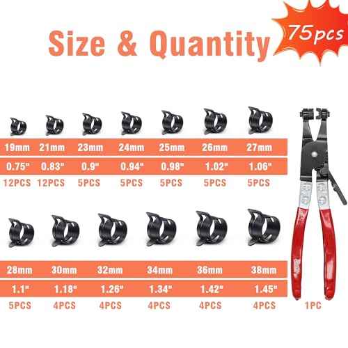 AKIHISA 75Pcs 19-38mm Spring Band Hose Clamp Assortment Kit with Hose Clamp Pliers, 13 Sizes Spring Hose Clip Fuel Line Silicone Vacuum Hose Pipe Clamp, Air Hose Tube Water Pipe Fasteners