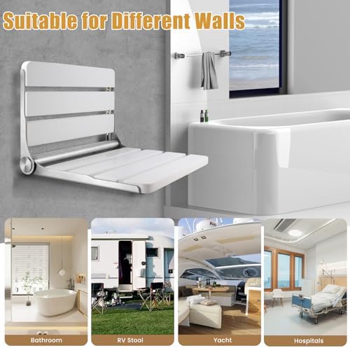 Teak Folding Shower Seat Wall Mounted, 16" Foldable Shower Bench, 400lbs Max Load, Space-Saving Fold Down Design for Seniors, Elderly & Small Shower Spaces (White, 16 inchs)