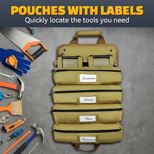 Tomorotec Heavy Duty Roll Up Tool Bag Organizer - Tool Roll Bag with 2 Detachable Pouches, Labeled Compartments & Expandable Pockets - Compact, Portable Storage