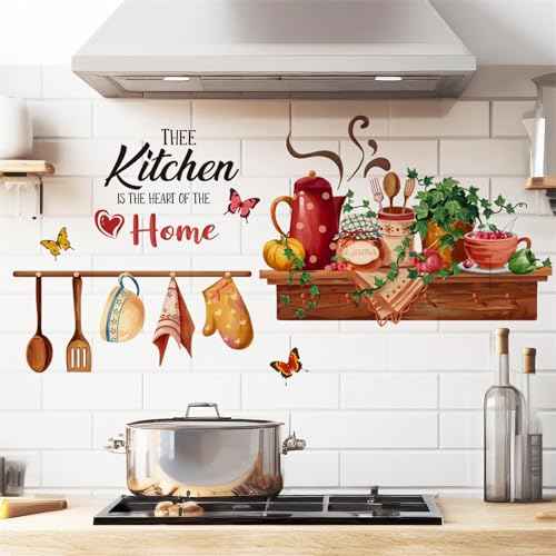 Bowl Kitchenware Utensil Shelf Wall Stickers, sacinora Kitchen is the Heart of Home Butterfly Green Plants Wall Decal Removable Vinyl Peel and Stick for Kitchen Dining Restaurant Baking Room Bar Decor