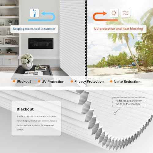 LazBlinds No Tools No Drill Cordless Cellular Shades, Top Down Bottom Up (TDBU) Honeycomb Shades for Home, Blackout Light Blocking Thermal Insulation Blinds for Windows, 28" W x 48" H, White