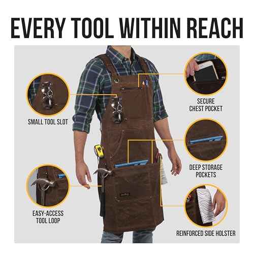 ecoZen 16oz Waxed Canvas Work Apron with Pockets - Waterproof, Fully Adjustable to Comfortably Fit Men and Women, 27 x 34 inches, Tough Tool Apron for Lasting Protection - Brown, Size S to XXL