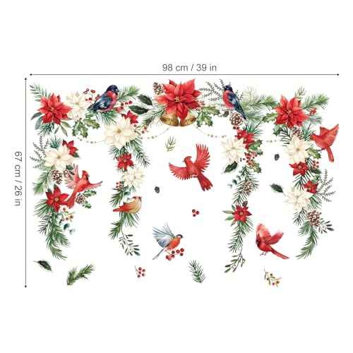 wondever Christmas Flower Cardinal Wall Stickers Christmas Leaves and Floral Red Bird Christmas Window Wall Art Decals for Party Window Xmas Home Party