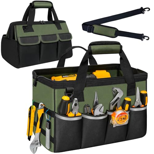 Tool Bag, Portable Tool Box Organizer Adjustable Shoulder Strap, Carry Tool Tote Heavy Duty Tool Storage Bag With Wide Mouth,Tool Bags for Men Mechanic EngineerGift - L, Army Green & Black