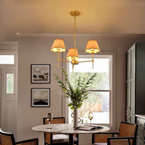 Gold Farmhouse Chandelier 3-Light Boho Pendant Lamp with Rattan Shade 26¡®¡¯ Rustic Chandelier Light Fixture with Height Adjustable Hanging Pole for Dining Room, Living Room, Bedroom, E12 Base