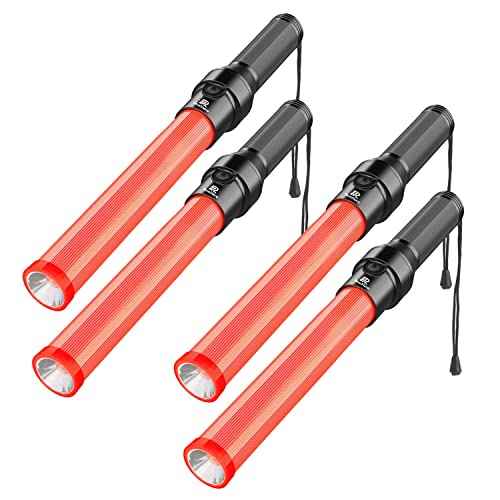 RoadHero 4 Pack Traffic Batons, 16 Inch LED Traffic Control Batons, Night Safety Light Wands with 3 Flashing Modes, Air Marshaling Signal Wand Plus White LED on Tip for Airport, Parking, Car Directing