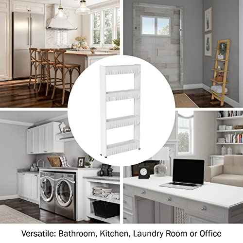 4-Tier Storage Organizer Rack - Plastic Rolling Cart for Office, Dorm, Bedroom, Bathroom, and Laundry Room Organizing by Lavish Home (White)